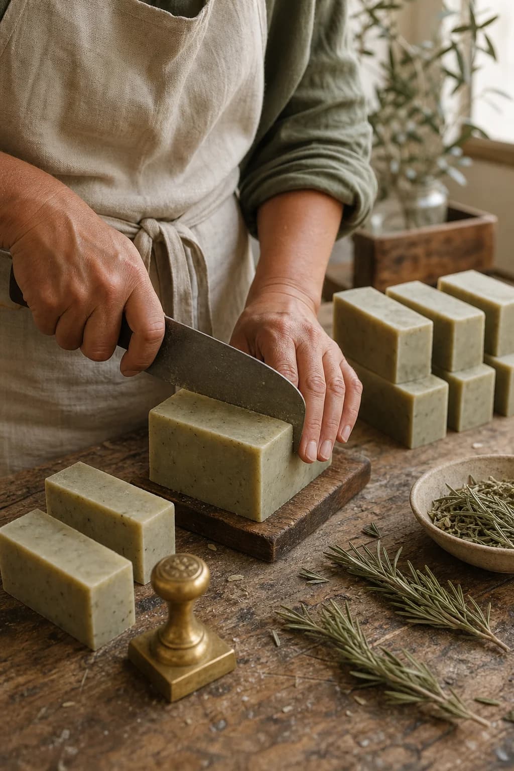 A Cypriot artisan cutting handmade organic soap on a wooden workbench